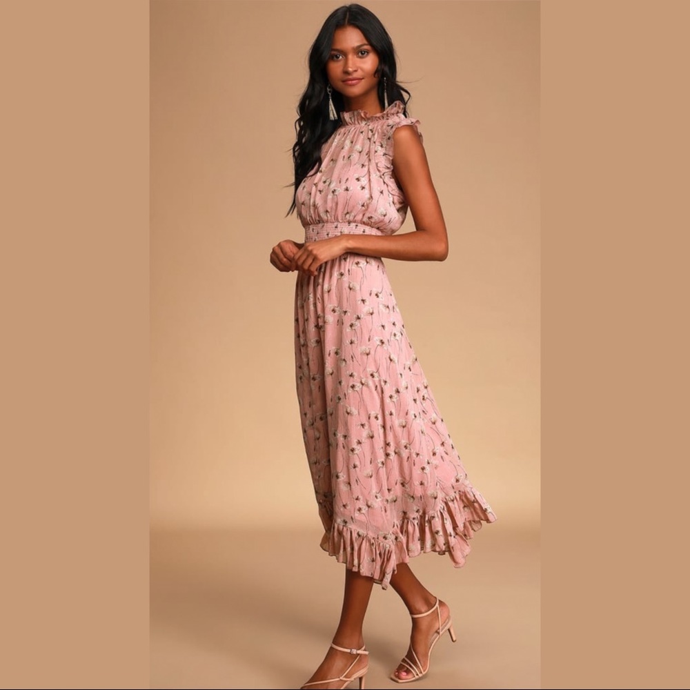 Lulus Mauve Pink Floral Print Mock Neck Midi Dress